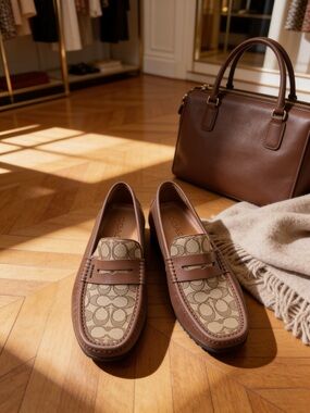 Coach Men’s signature Jacquard Brown Canvas Penny Loafers/Driving Shoes Sz 10D